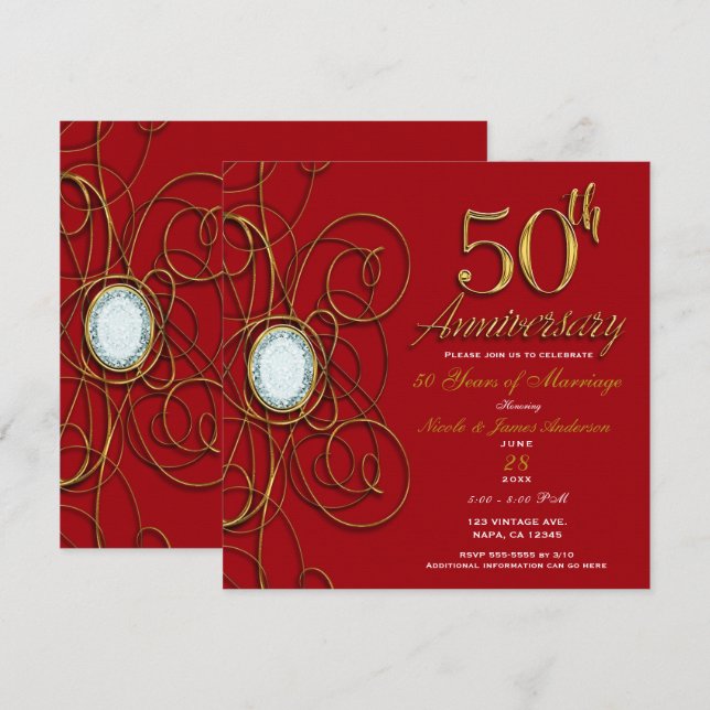 Convite Elegante Diamante Vermelho e Dourado 50 Aniversári (Frente/Verso)