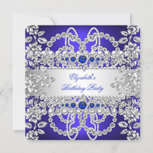 Convite Elegante Diamantes Azul Real Prata Floral Aniversá