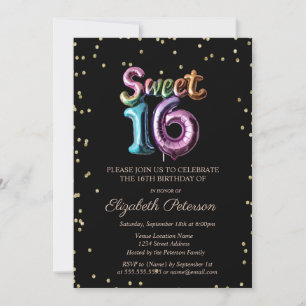 Convite Elegante Diamantes Dourados Balão Preto Sweet 16