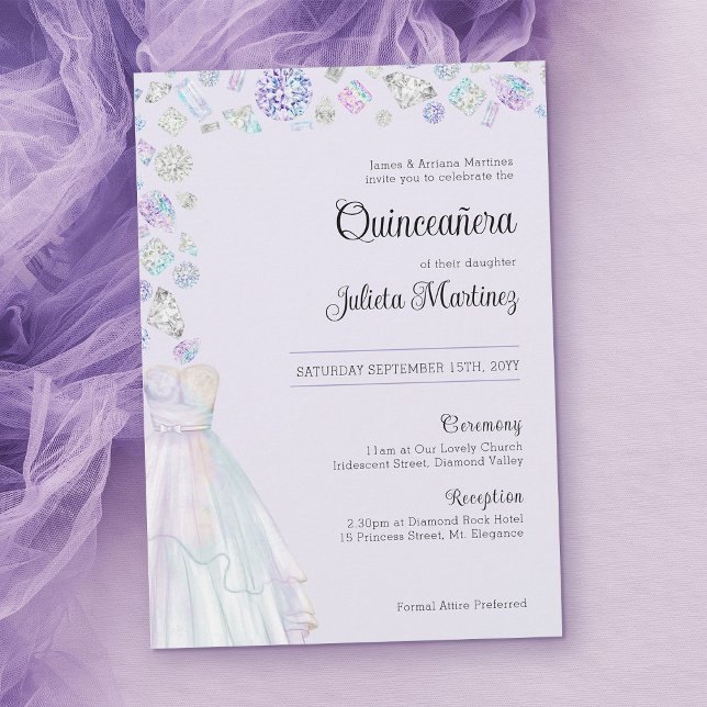 Convite Elegante Diamond Princess Quinceanera e Massachuse (Elegant Quinceanera invitation template in light purple)