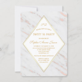 Convite Elegante Diamond Rosa Dourado Marble SWEET 16 Part