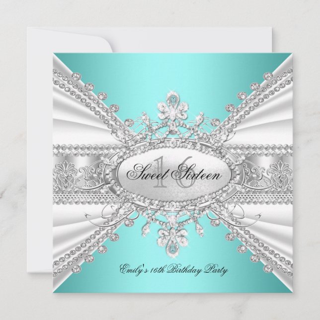 Convite Elegante Diamond Teal Sweet, 16 Dezesseis Partes 3 (Frente)
