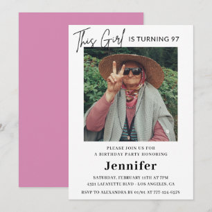 Convite Elegante Diversão Rosa Foto Aniversário de 97 anos