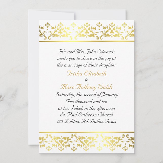 Convite elegante do casamento tema damasco do ouro (Frente)
