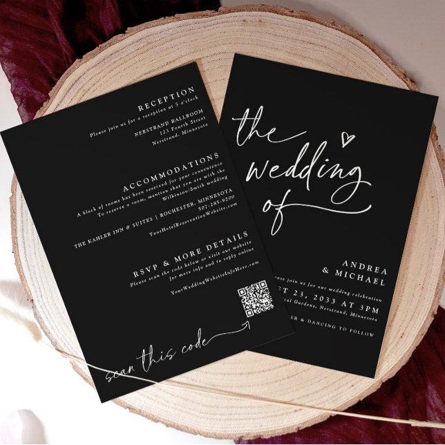 Convite Elegante do Código QR Moderno de Casamento Negro M (Custom Wedding Invitation Template Modern Wedding Invitation Minimalist Design Hand Drawn Wedding)