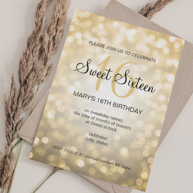 Convite Elegante Doce 16 Luzes Douradas de Aniversário (Elegant Sweet 16 Birthday Gold Glitter Lights Invitation)