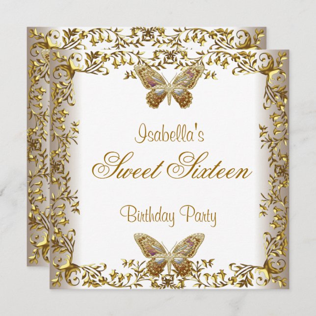 Convite Elegante Doce Sesseis 16 Borboleta Dourada Branca (Frente/Verso)