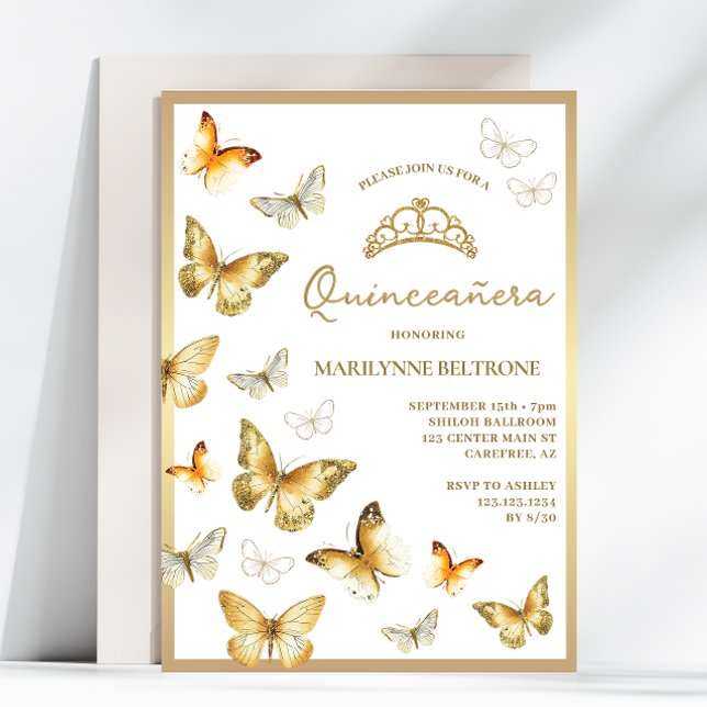 Convite Elegante Dourada Butterfly Quinceañera (Criador carregado)