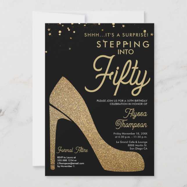 Convite Elegante Dourada Confetti Surpresa 50º Aniversário (Frente)