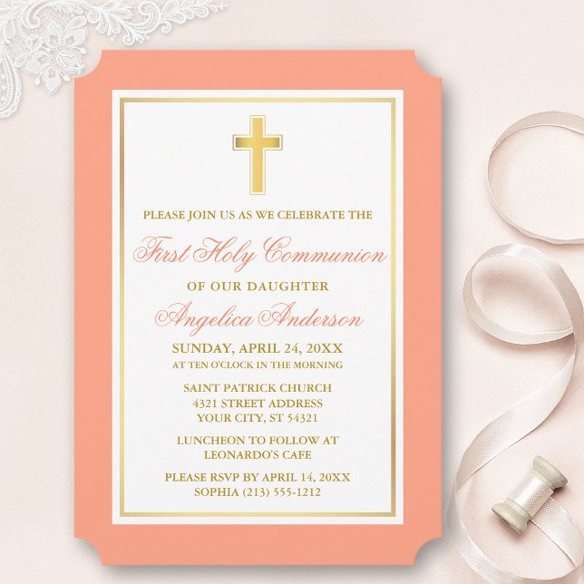 Convite Elegante Dourada Cross Peach First Communance (Customize to change text size, style, color or to add more text or photos to back of card.)