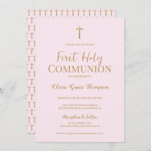 Convite Elegante Dourada Cruzada Rosa Primeira Comunhão Sa
