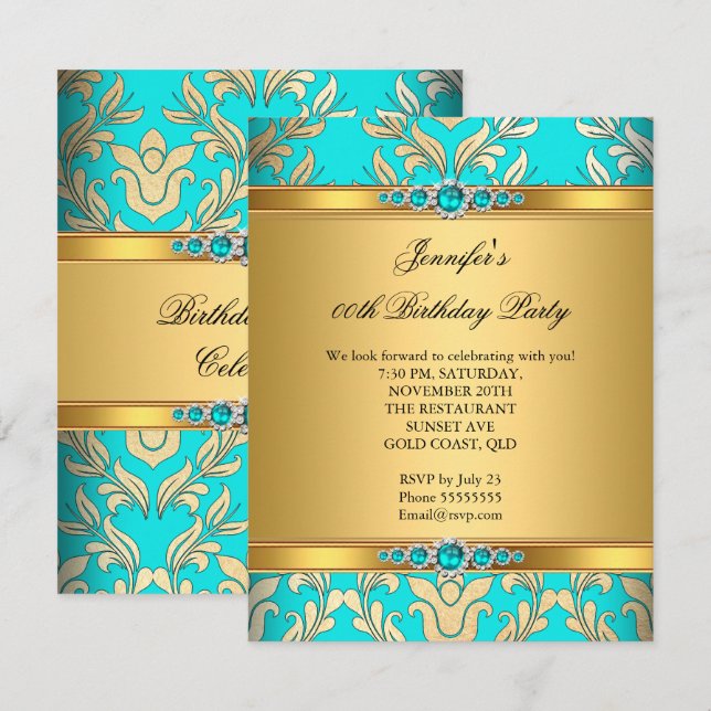 Convite Elegante Dourada Festa de aniversário de pérolas d (Frente/Verso)