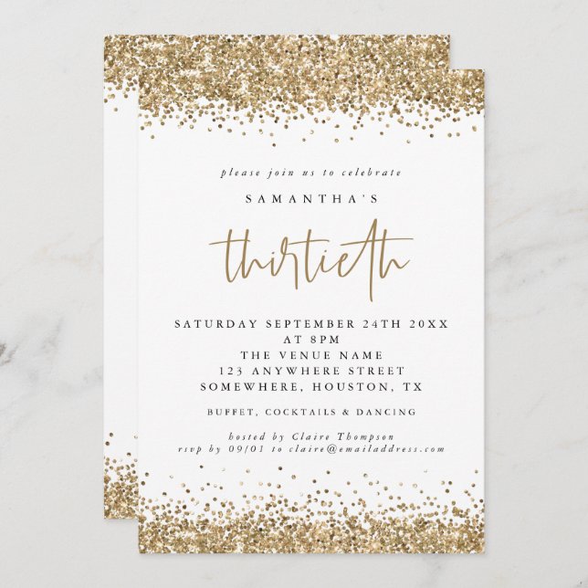 Convite Elegante Dourada Glitter 30 Partido (Frente/Verso)