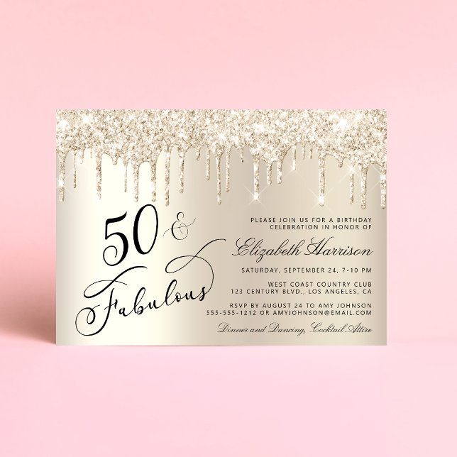 Convite Elegante Dourada Glitter 50ª Festa de aniversário (Celebrate her 50 years of sparkle with an elegant gold glitter birthday party invitation  🎉 🎂 🥂)