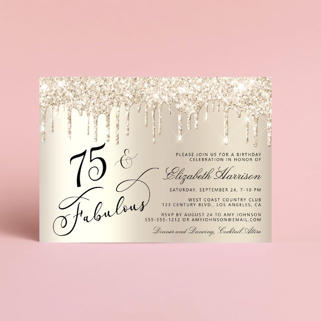Convite Elegante Dourada Glitter 75ª Festa de aniversário (Celebrate her 75 years of sparkle with an elegant gold glitter birthday party invitation  🎉 🎂 🥂)