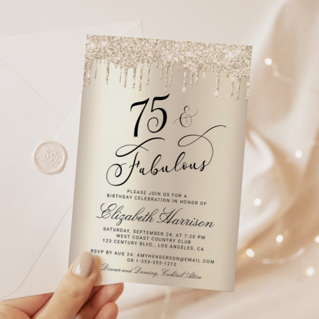 Convite Elegante Dourada Glitter 75ª Festa de aniversário (Celebrate her 75 years of sparkle with an elegant gold glitter birthday party invitation  🎉 🎂 🥂)