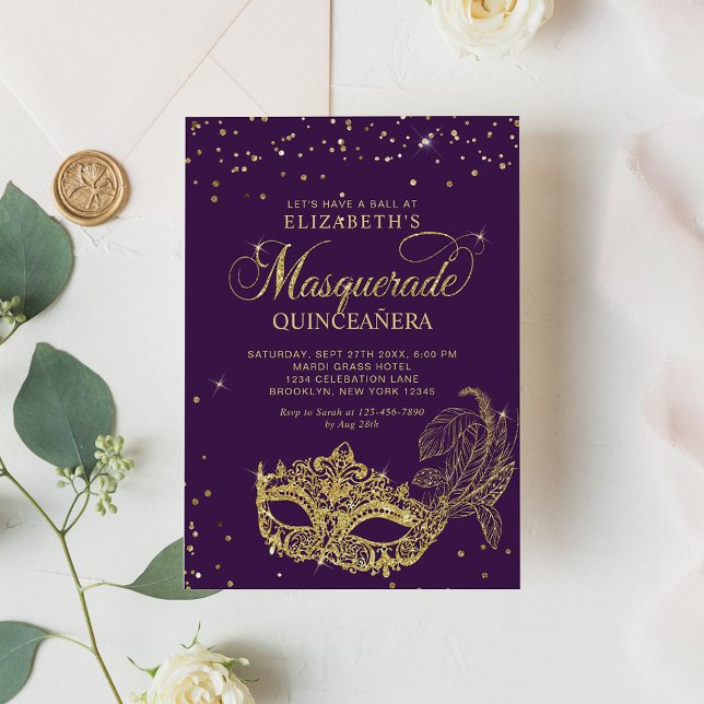 Convite Elegante Dourada Glitter Mascarada Quinceañera (Criador carregado)