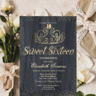 Convite Elegante Dourada Tiara Confetti Princesa Sweet 16