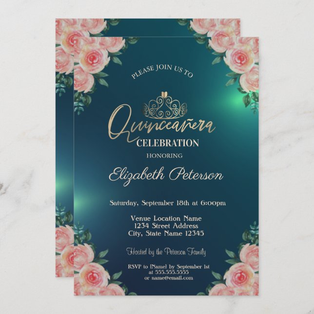 Convite Elegante Dourada Tiara Rosas Florais Quinceañera (Frente/Verso)