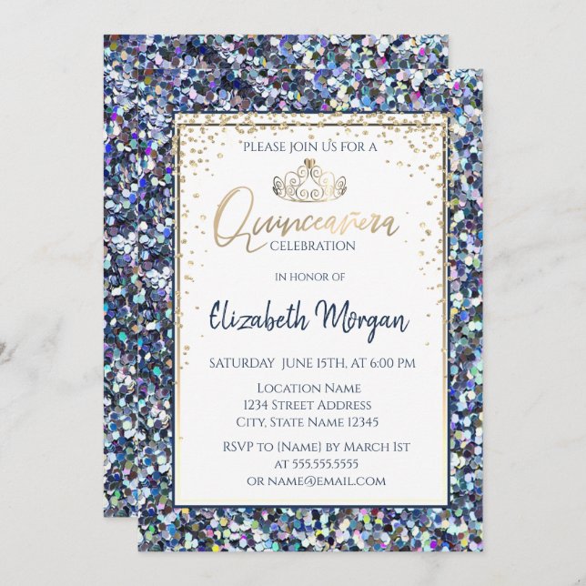 Convite Elegante Dourada Tiara, Sequins Diamantes Quincean (Frente/Verso)