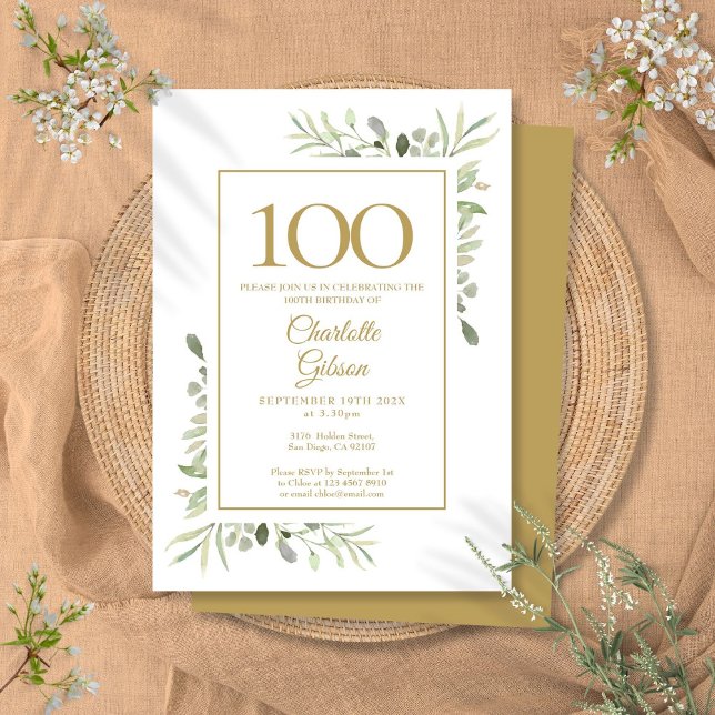 Convite Elegante Dourada Watercolor Greenery 100º Aniversá (Elegant Gold Watercolor Greenery 100th Birthday Invitation)