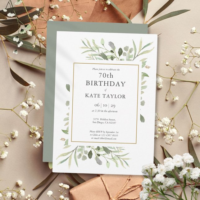 Convite Elegante Dourada Watercolor Greenery 70 (Elegant Gold Watercolour Greenery 70th Birthday Invitation)