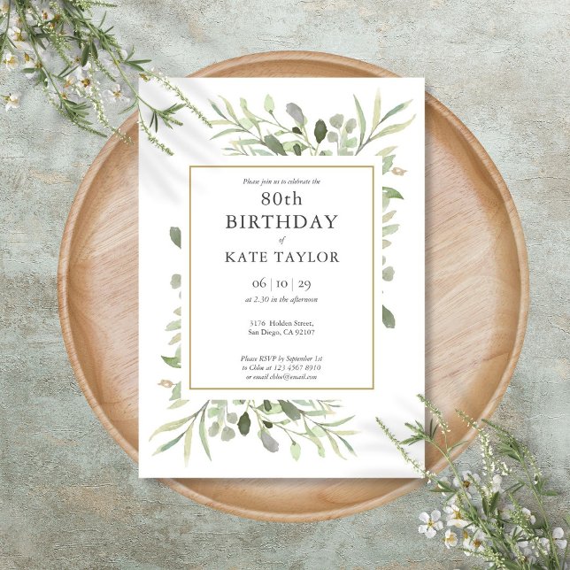 Convite Elegante Dourada Watercolor Greenery 80 (Elegant Gold Watercolour Greenery 80th Birthday Invitation)