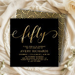 Convite Elegante Dourado 50 Script Black 50th Birthday<br><div class="desc">Elegante Chic Black e Dourado 50 Roteiros 50. Convite de Aniversário. Este convite de aniversário moderno modelo apresenta o na moda "cinquenta" texto em uma enorme folha de ouro falso, escrita por caligrafia (ou tipografia) manuscrita com caudas de haste, detalhes da festa em cor dourada sobre fundo preto. No lado...</div>