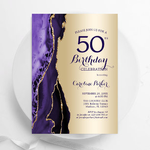 Convite Elegante Dourado Agate Roxo 50º Aniversário