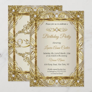 Convite Elegante Dourado Bege Creme Pérola Damasko festa