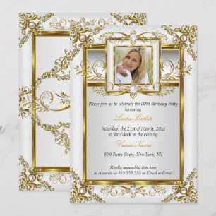 Convite Elegante Dourado Branco Pérola Damasko Foto Aniver