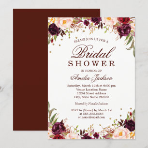 Convite Elegante Dourado Burgundy Floral Chuveiro de Noiva