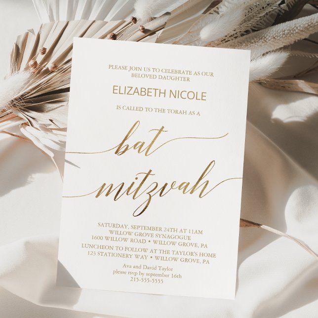 Convite Elegante Dourado Calliografia Bat Mitzvah (Criador carregado)