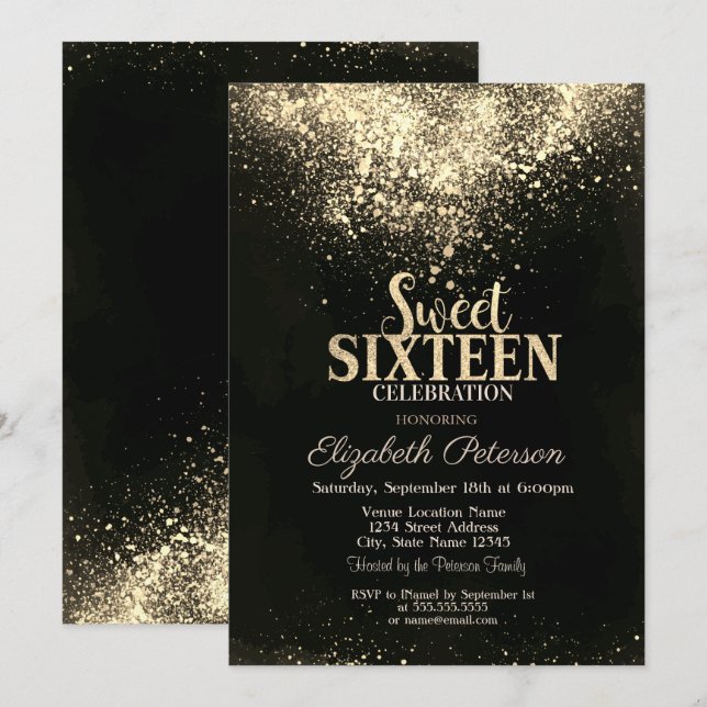 Convite Elegante Dourado Confetti, Black Sweet 16 (Frente/Verso)