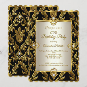 Convite Elegante Dourado Cream Damask Black Festa de anive
