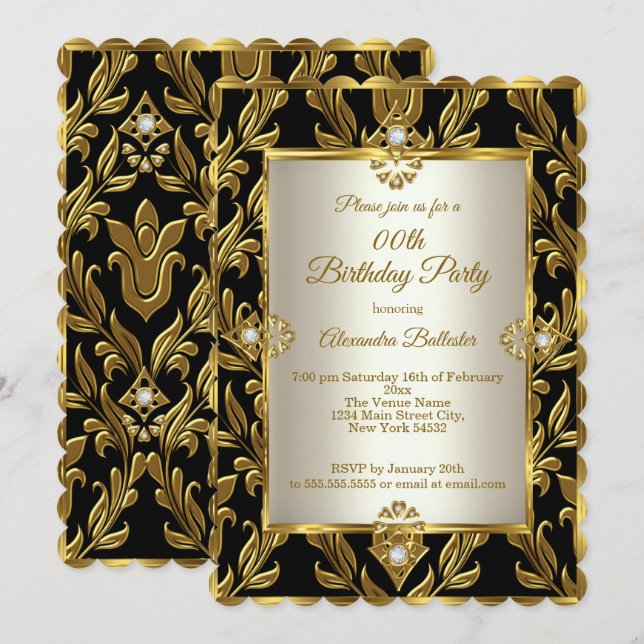 Convite Elegante Dourado Cream Damask Black Festa de anive (Frente/Verso)