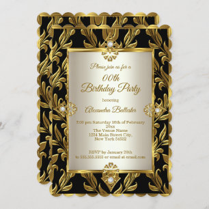 Convite Elegante Dourado Cream Damask Black Festa de anive
