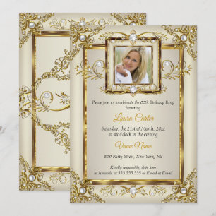 Convite Elegante Dourado Creme Pérola Damasco Foto Anivers