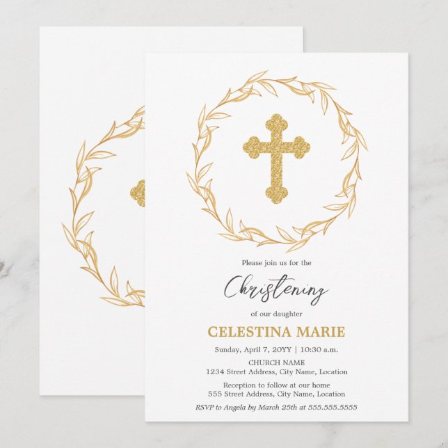 Convite Elegante Dourado Cross Christening (Frente/Verso)