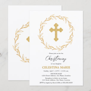 Convite Elegante Dourado Cross Christening