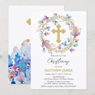 Convite Elegante Dourado Cross Christening Floral