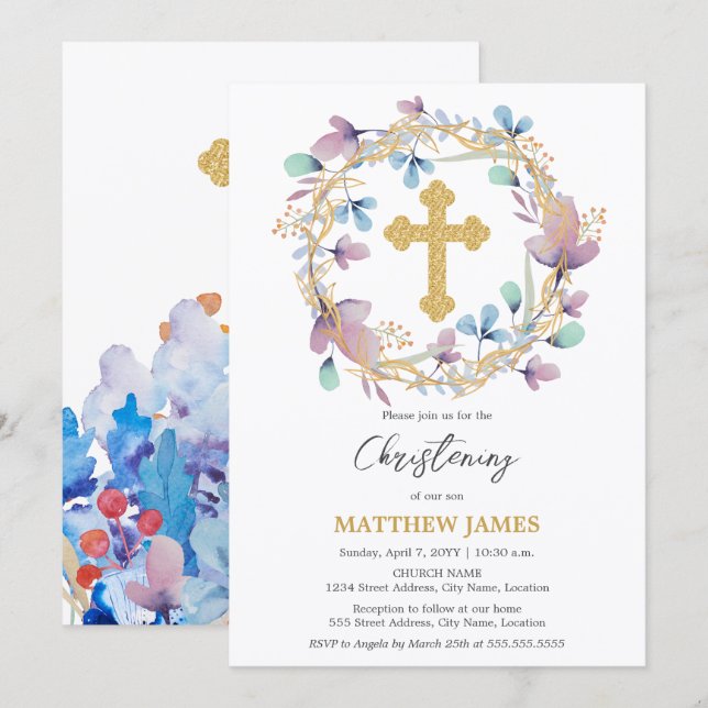Convite Elegante Dourado Cross Christening Floral (Frente/Verso)
