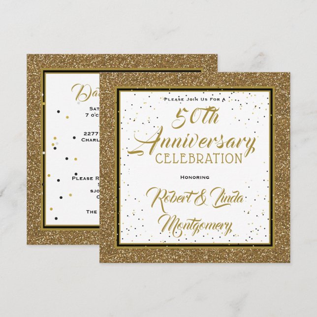 Convite Elegante Dourado de 50º Aniversário (Frente/Verso)