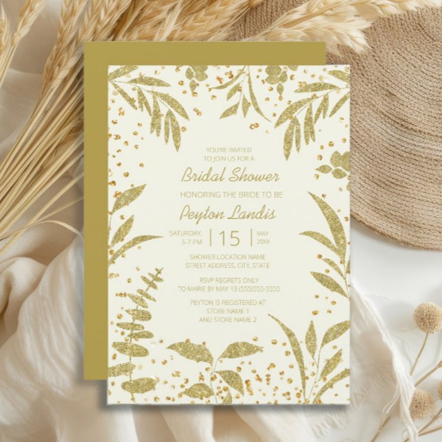 Convite Elegante, Dourado, deixa o Chá de panela de brilho (Gold leaves on cream-colored bridal shower invitation)