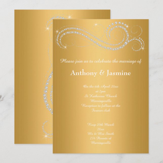 CONVITE ELEGANTE DOURADO DIAMOND SWIRL WEDDING (Frente/Verso)
