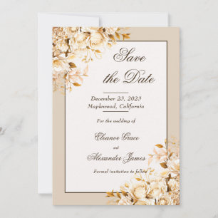 Convite Elegante Dourado e marfim Floral Formal Salvar a D