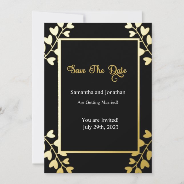 Convite Elegante Dourado em preto Salve a placa de data (Frente)