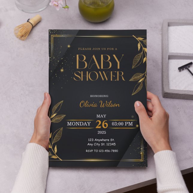 Convite Elegante Dourado Gênero Chá de fraldas Floral Neut (Criador carregado)