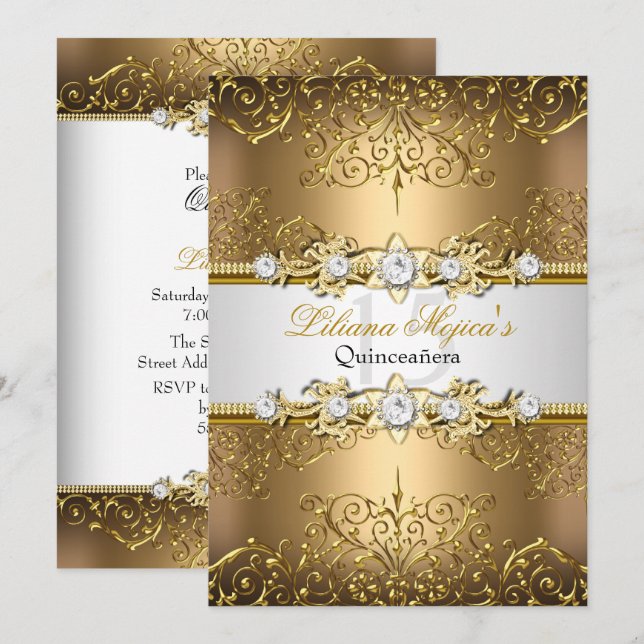 Convite Elegante Dourado Glamor Quinceanera (Frente/Verso)