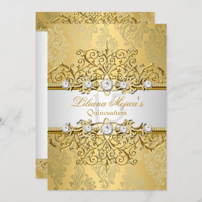 Convite Elegante Dourado Glamor Quinceanera (Frente/Verso)
